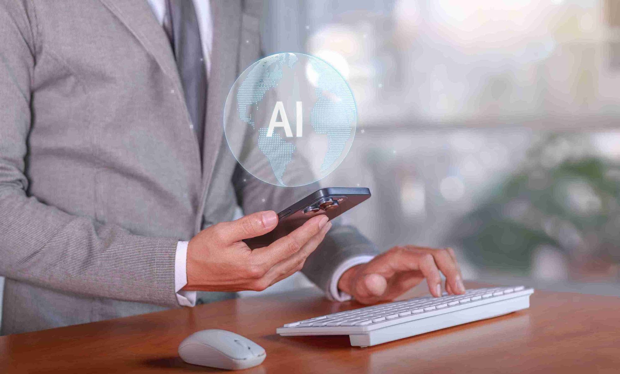 AI tools enhancing productivity in a modern office setting, with diverse employees collaborating around technology.